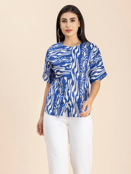 Moomaya - Women Comfortable Fit Cotton Printed Blue Top