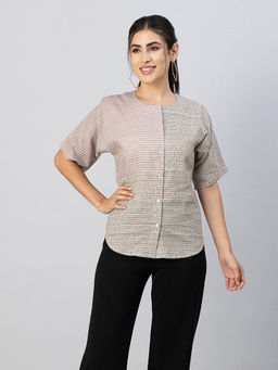 Moomaya - Women Comfortable Fit Cotton Printed Beige Top