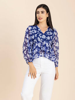 Moomaya - Women Peplum Fit Polyester Floral Blue Top