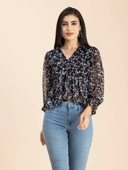 Moomaya - Women Peplum Fit Polyester Floral Black Top