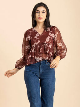 Moomaya - Women Peplum Fit Polyester Floral Maroon Top