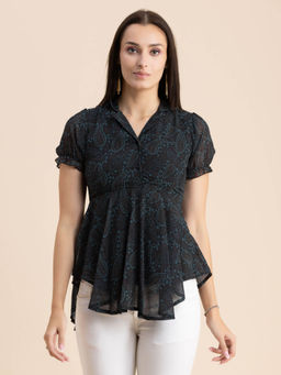 Moomaya - Women Asymmetrical Fit Georgette Paisley Black Top
