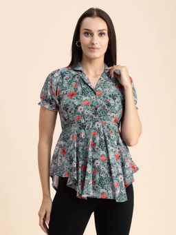 Moomaya - Women Peplum Fit Georgette Floral Green Top