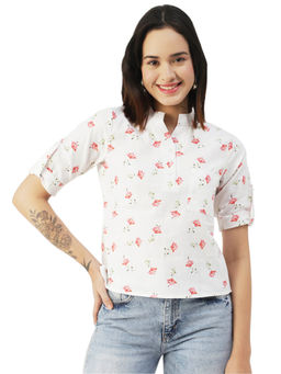 Moomaya - Women Comfortable Fit Poplin Floral White Top