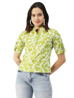 Moomaya - Women Comfortable Fit Poplin Printed Green Top