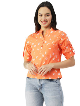 Moomaya - Women Comfortable Fit Poplin Printed Orange Top