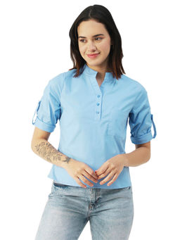 Moomaya - Women Comfortable Fit Poplin Solid Blue Top