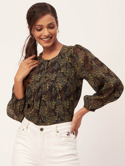 Moomaya - Women Comfortable Fit Polyester Floral Black Top