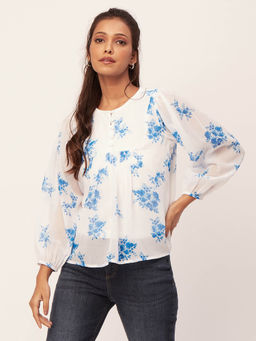 Moomaya - Women Comfortable Fit Polyester Floral White Top