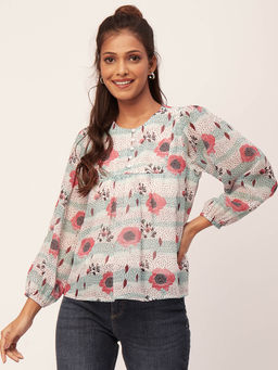 Moomaya - Women Comfortable Fit Polyester Floral Off White Top