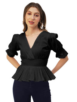 Moomaya - Women Peplum Fit Poplin Solid Black Top