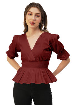 Moomaya - Women Peplum Fit Poplin Solid Maroon Top