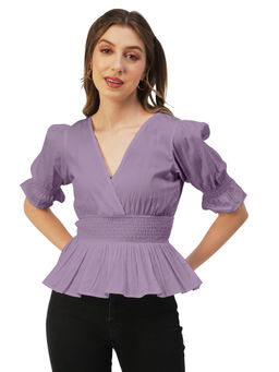 Moomaya - Women Peplum Fit Poplin Solid Purple Top