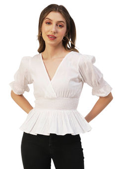 Moomaya - Women Peplum Fit Poplin Solid White Top