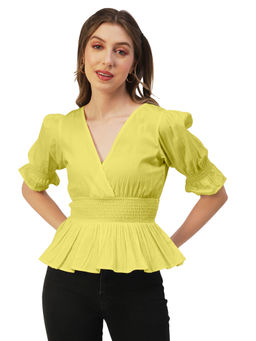 Moomaya - Women Peplum Fit Poplin Solid Yellow Top