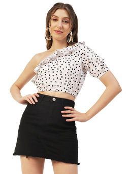 Moomaya - Women Fitted Poplin Polka Dots White Crop Top