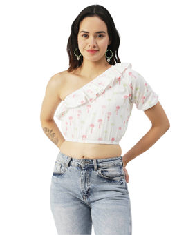 Moomaya - Women Fitted Poplin Floral White Crop Top
