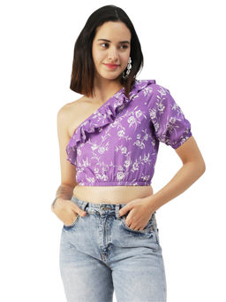 Moomaya - Women Fitted Poplin Floral Purple Crop Top