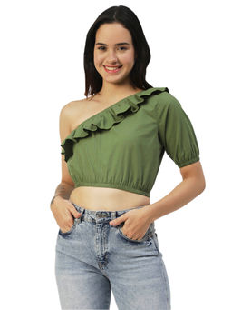 Moomaya - Women Fitted Poplin Solid Olive Crop Top