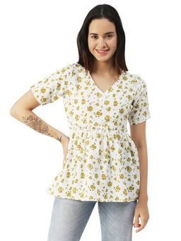 Moomaya - Women Semi-Fit Rayon Floral White Top