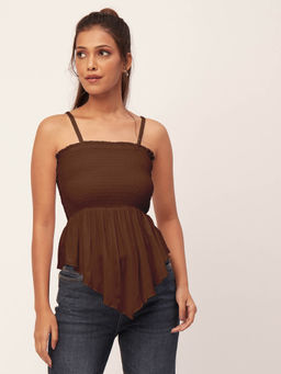 Moomaya - Women Peplum Fit Rayon Solid Brown Top