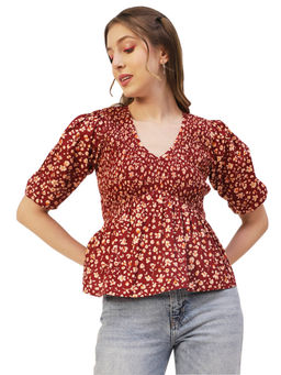 Moomaya - Women Semi-Fit Poplin Floral Maroon Top