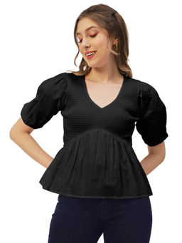 Moomaya - Women Semi-Fit Poplin Solid Black Top