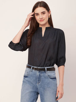 Moomaya - Women Comfortable Fit Georgette Printed Navy Blue Top