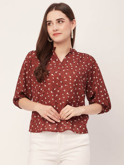 Moomaya - Women Comfortable Fit Georgette Floral Maroon Top