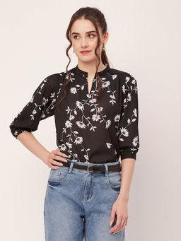 Moomaya - Women Comfortable Fit Georgette Floral Black Top