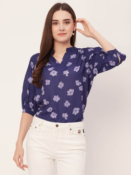 Moomaya - Women Comfortable Fit Georgette Floral Navy Blue Top