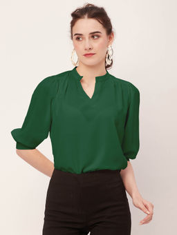 Moomaya - Women Comfortable Fit Georgette Solid Green Top