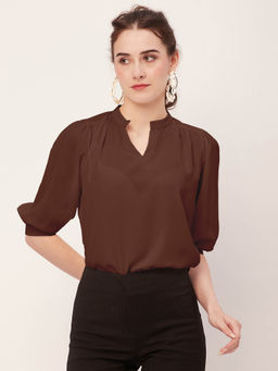 Moomaya - Women Comfortable Fit Georgette Solid Brown Top