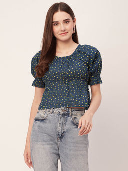 Moomaya - Women A-Line Cotton Polka Dots Teal Top
