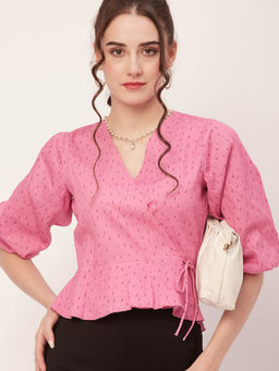 Moomaya - Women Peplum Fit Poplin Printed Pink Top