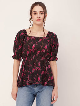 Moomaya - Women Peplum Fit Rayon Floral Black Top