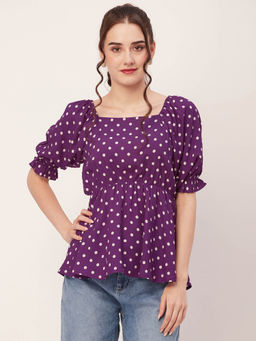 Moomaya - Women Peplum Fit Rayon Polka Dots Purple Top