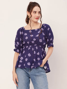 Moomaya - Women Peplum Fit Rayon Floral Navy Blue Top