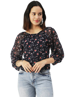 Moomaya - Women A-Line Georgette Floral Black Top