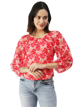 Moomaya - Women A-Line Georgette Floral Pink Top