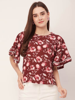Moomaya - Women A-Line Rayon Floral Maroon Top
