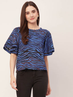 Moomaya - Women A-Line Rayon Animal Print Blue Top