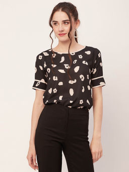 Moomaya - Women Comfortable Fit Georgette Printed Black Top