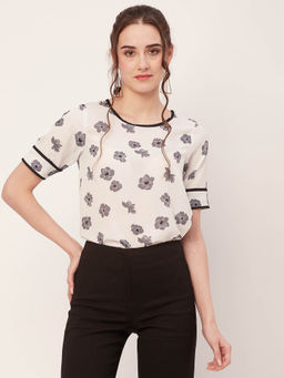 Moomaya - Women Comfortable Fit Georgette Floral White Top