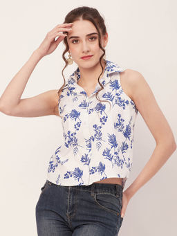 Moomaya - Women Comfortable Fit Poplin Floral White Top