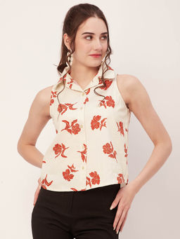 Moomaya - Women Comfortable Fit Poplin Floral Cream Top