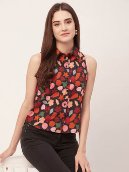 Moomaya - Women Comfortable Fit Poplin Floral Black Top