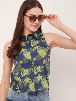 Moomaya - Women Comfortable Fit Poplin Floral Navy Blue Top