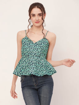 Moomaya - Women Peplum Fit Poplin Floral Multi-Color Top