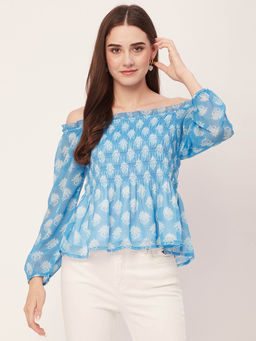Moomaya - Women Semi-Fit Polyester Floral Blue Top